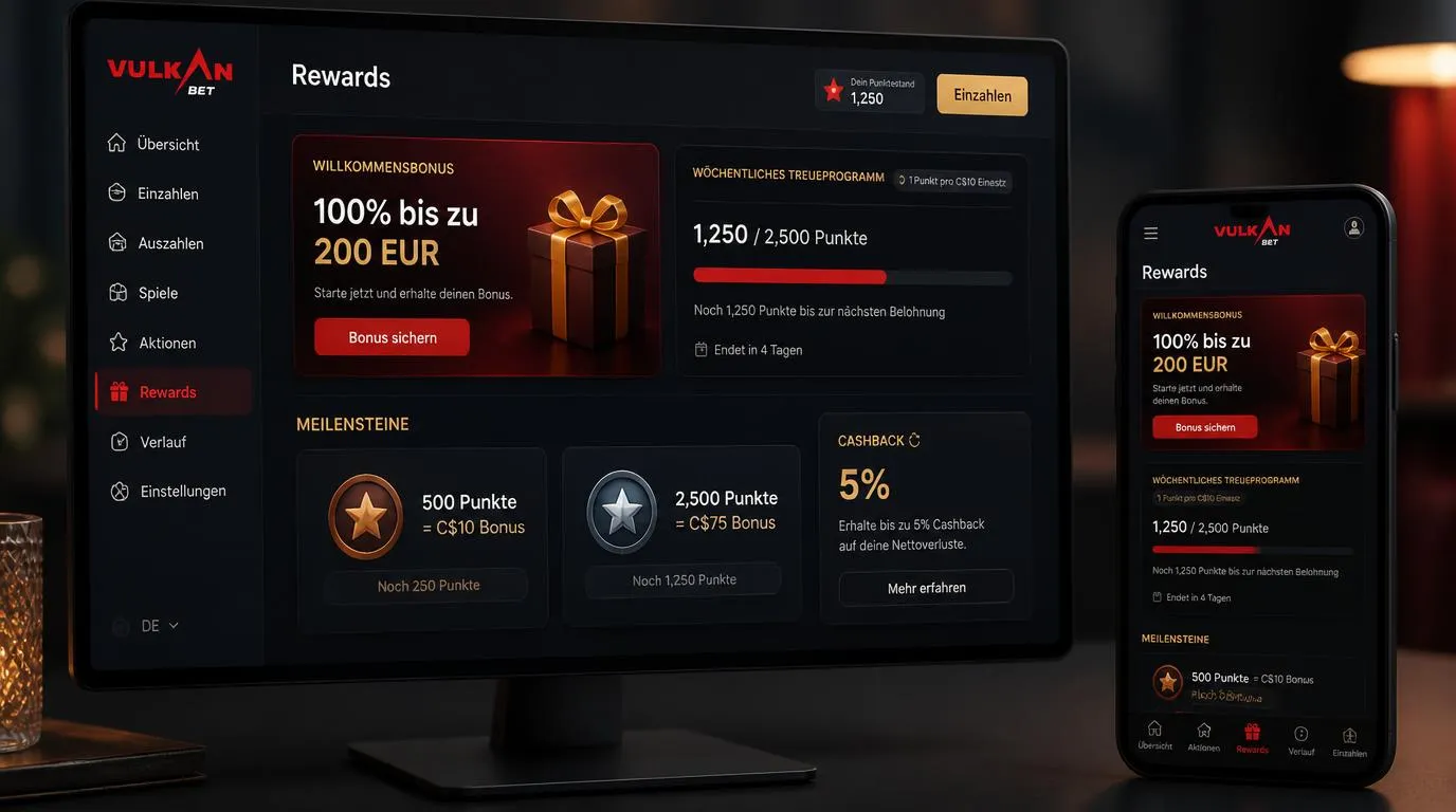 Bonusübersicht mit Willkommensangebot, Punkten und wöchentlichen Prämienstufen im Casino-Konto
