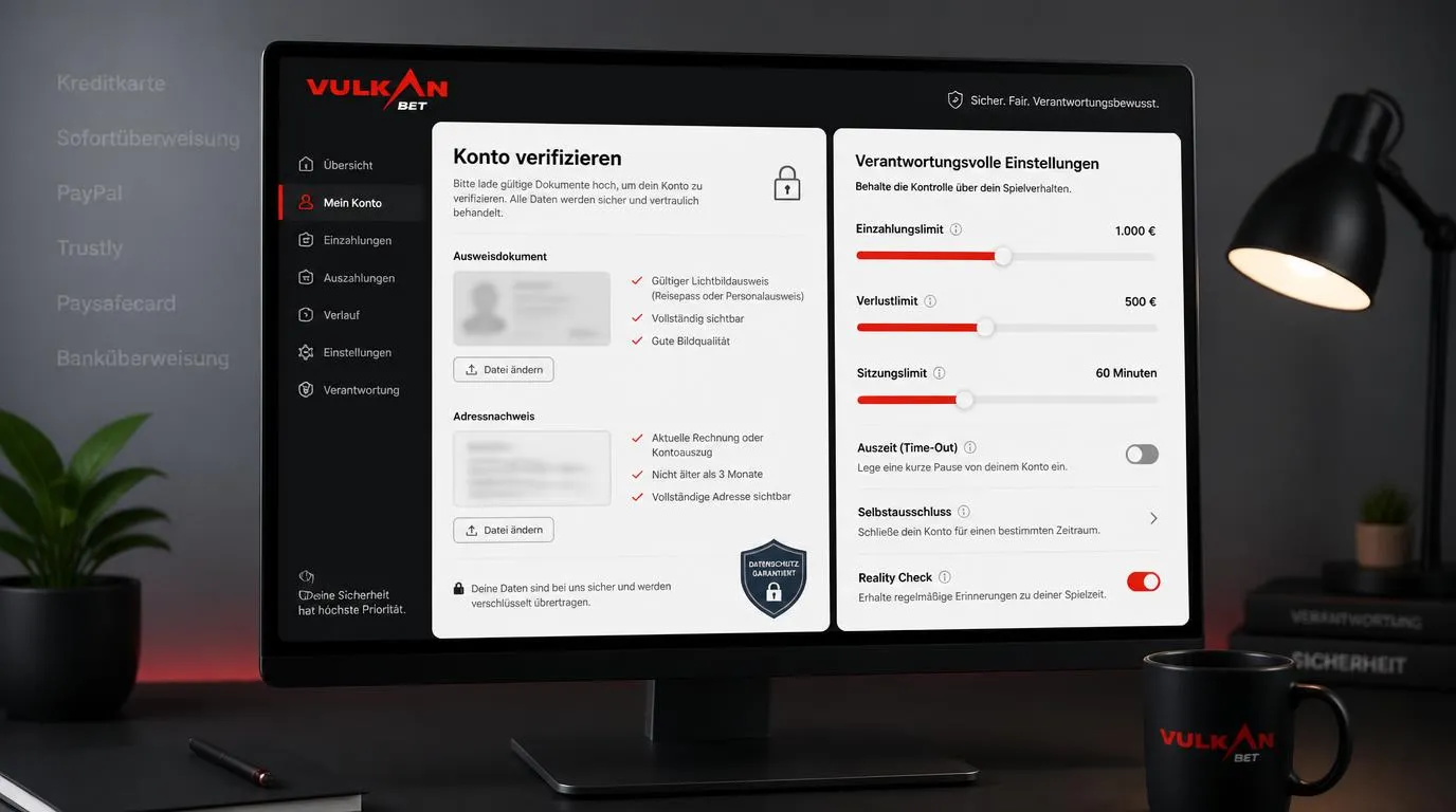 Geschützter Konto-Bereich mit Dokumentenprüfung, Datenschutzsymbol und einstellbaren Spiellimits