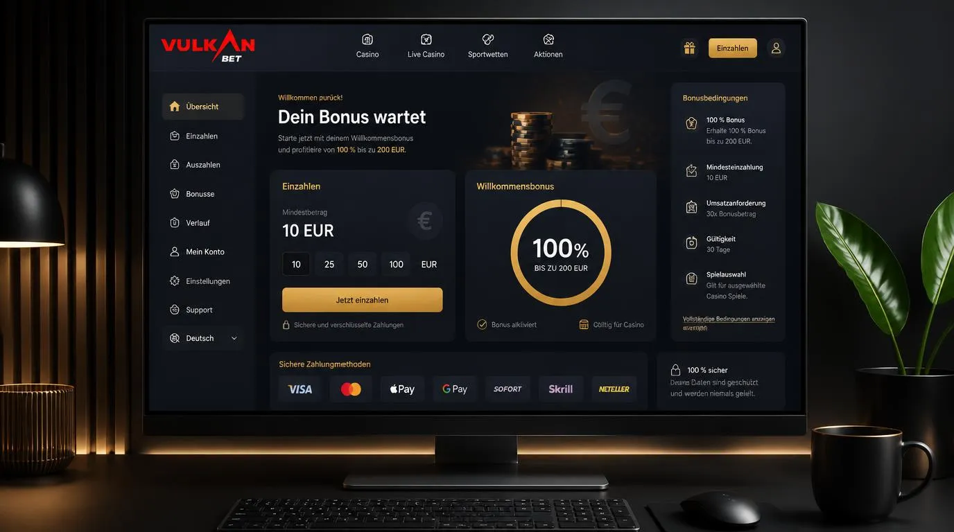 Casino-Bonusbereich mit erster Einzahlung von 10 EUR und Bonusanzeige bis 200 EUR