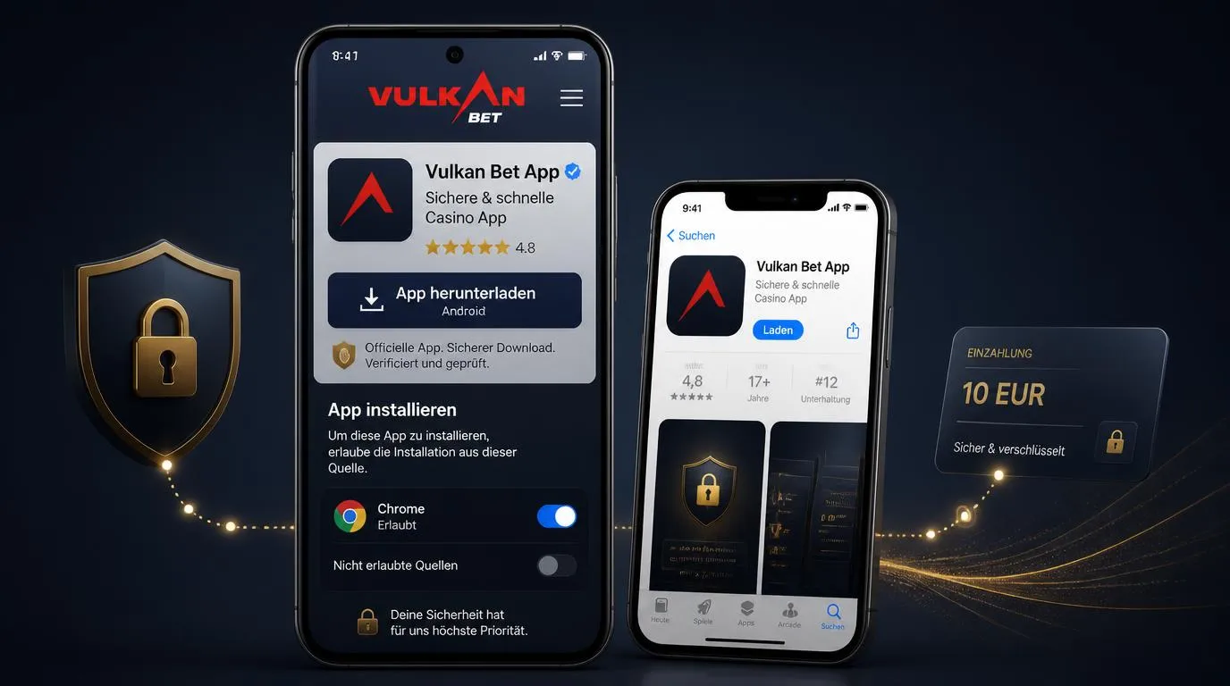 Smartphone mit offizieller App-Downloadseite, Sicherheitsprüfung und geschütztem Konto