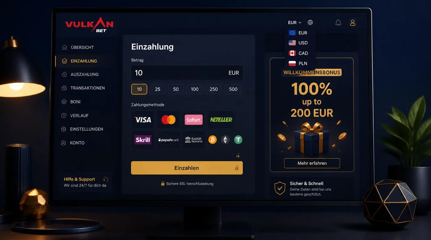 Casino-Bonusseite mit Ersteinzahlung von 10 EUR und Bonusanzeige bis 200 EUR
