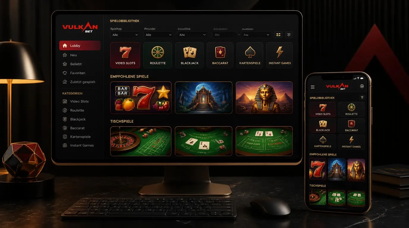 Casino-Lobby auf einem Bildschirm mit Slots, Roulette, Blackjack und Softwarefiltern