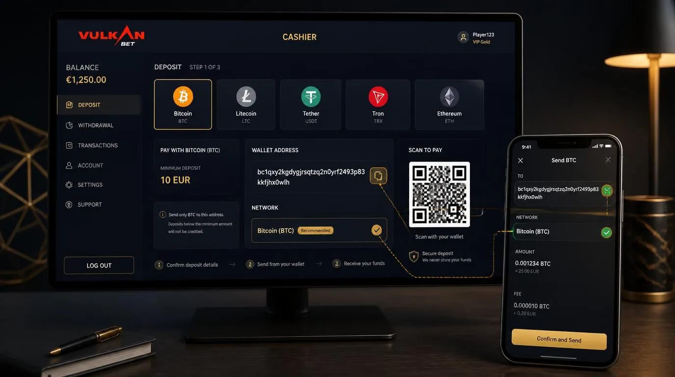 Krypto-Kasse mit Bitcoin-Auswahl, Wallet-Adresse und Netzwerkprüfung vor der Einzahlung