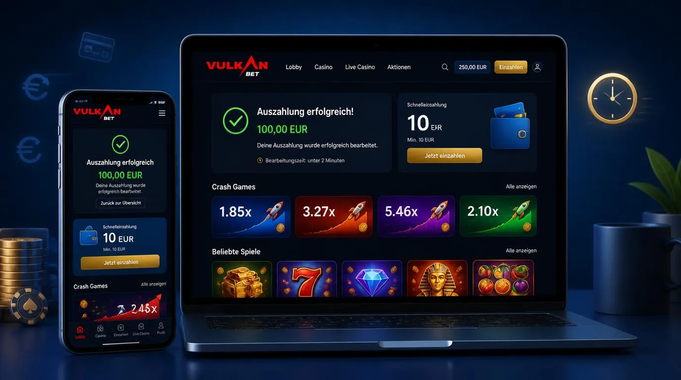 Mobiles Casino-Interface mit schneller Auszahlung, 10-EUR-Einzahlung und Auswahl moderner Spiele