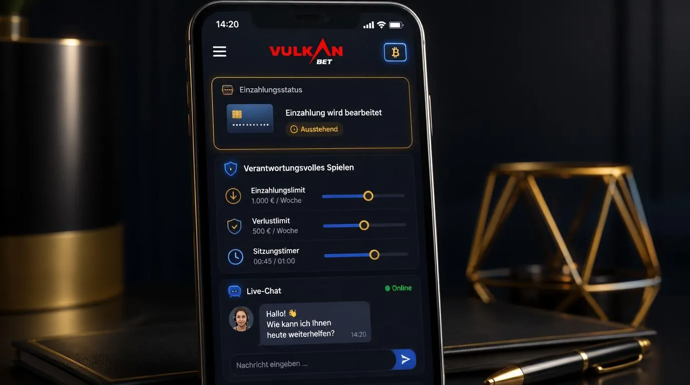 Smartphone mit Casino-Konto, aktiver Chat-Hilfe und Übersicht für mobile Zahlung und Kontolimits