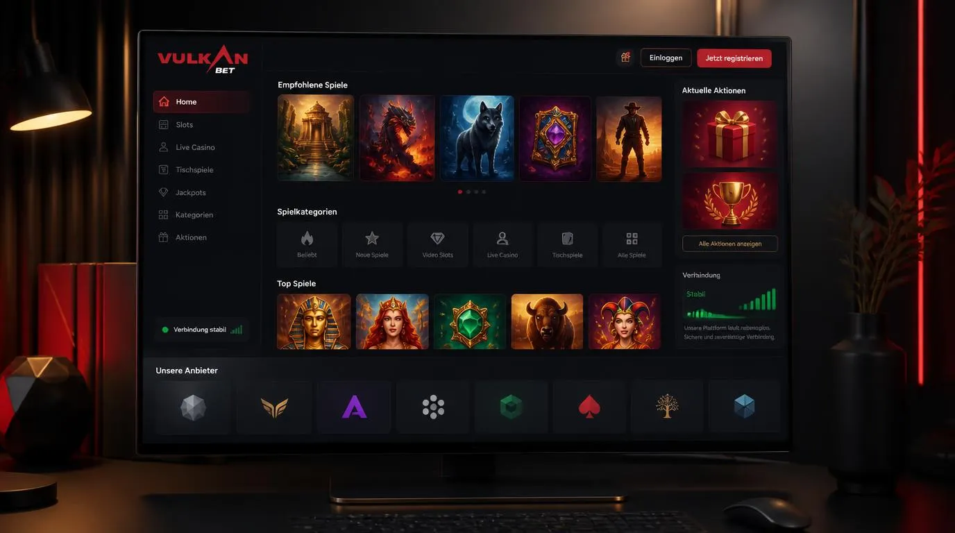 Moderne Casino-Oberfläche mit Spielkategorien, Bonusbereich und stabiler technischer Darstellung