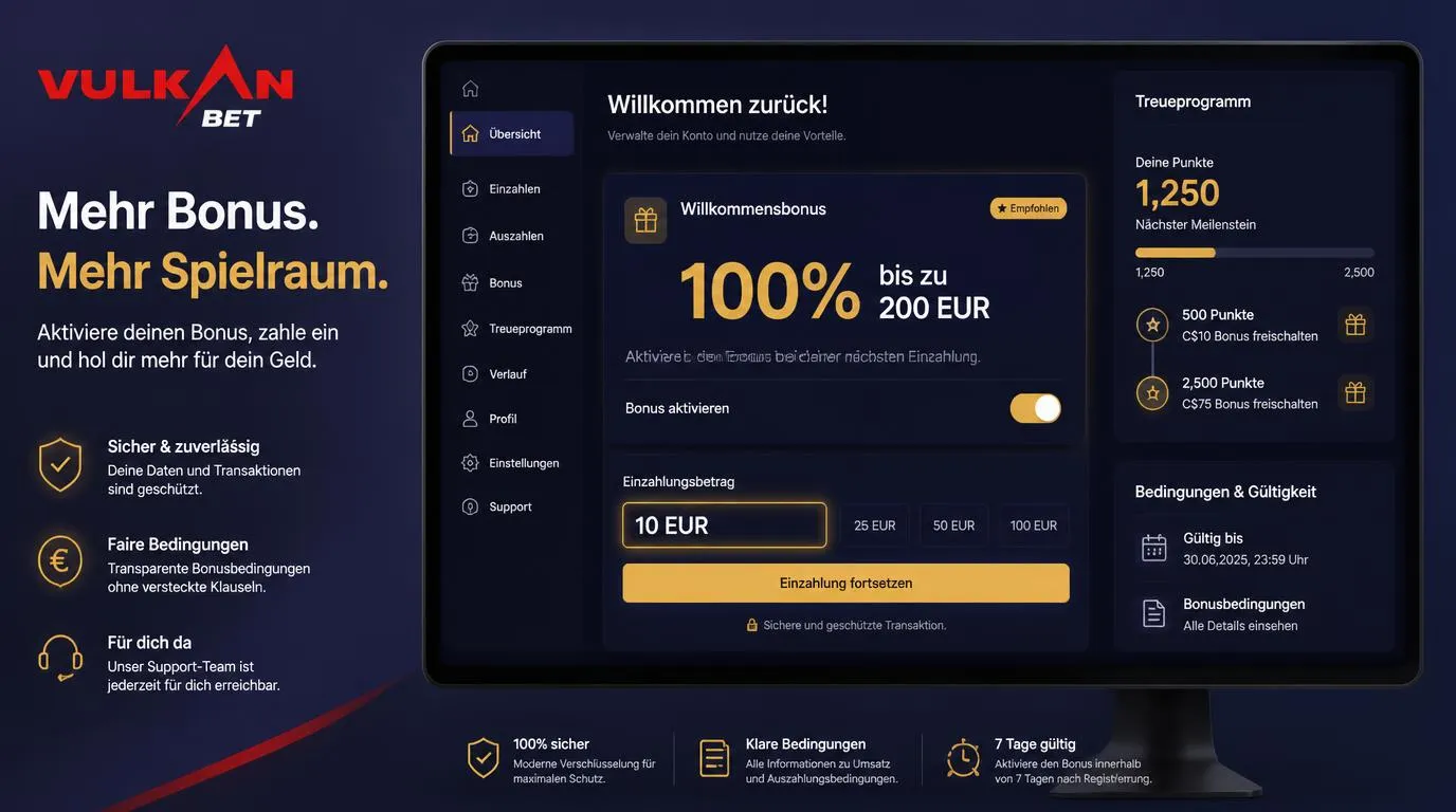 Casino-Konto mit Bonusbereich, Einzahlung von 10 EUR und Fortschrittsanzeige für Punkte