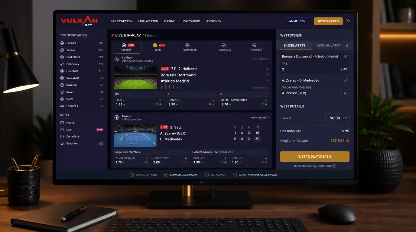Digitaler Wettschein mit Live-Quoten, Einzelwette und Kombiwette auf Fußball und Tennis